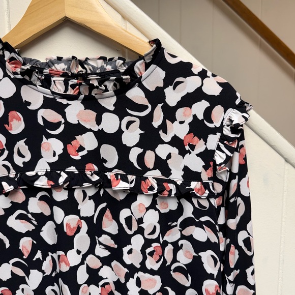 Karl Lagerfeld Black Ruffle Long Sleeve Pink and White Patterned Blouse Size Med - Picture 2 of 6
